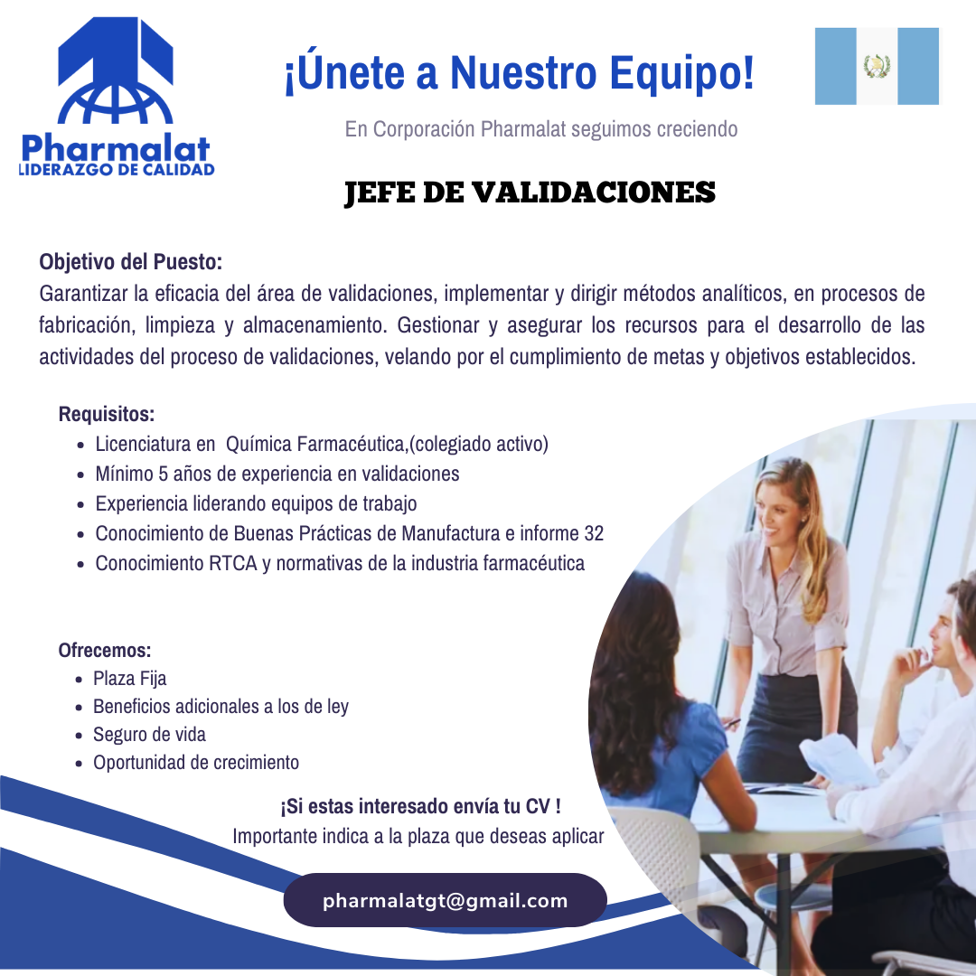 Oferta laboral para Químico (a) Farmacéutico (a) para Jefe de Validaciones.