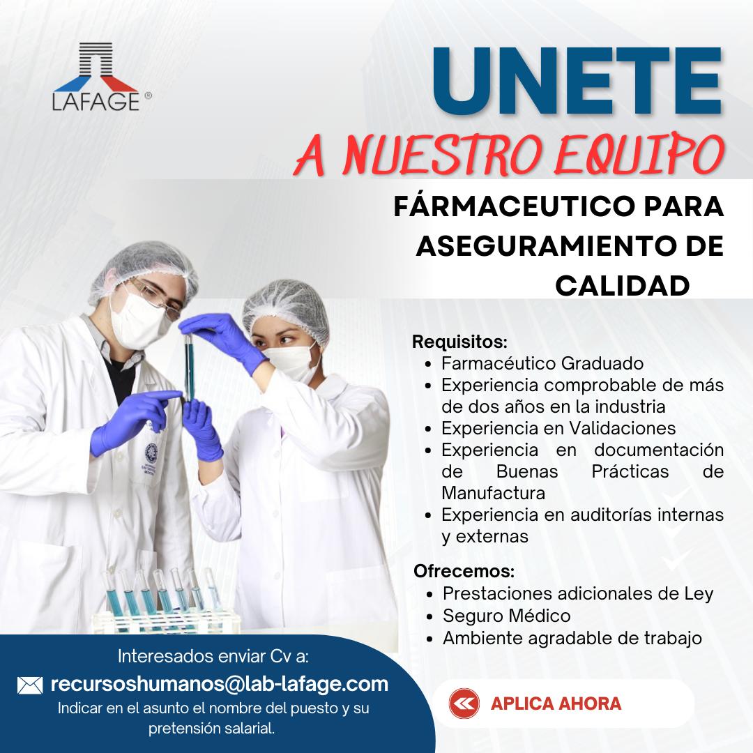 Oferta laboral para Químico (a) Farmacéutico (a) para Aseguramiento de la Calidad.