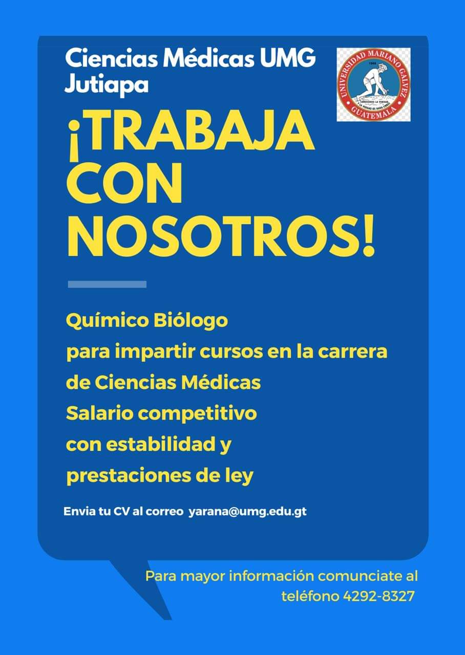 Oferta laboral para Químico (a) Biólogo (a) para docencia universitaria en Jutiapa