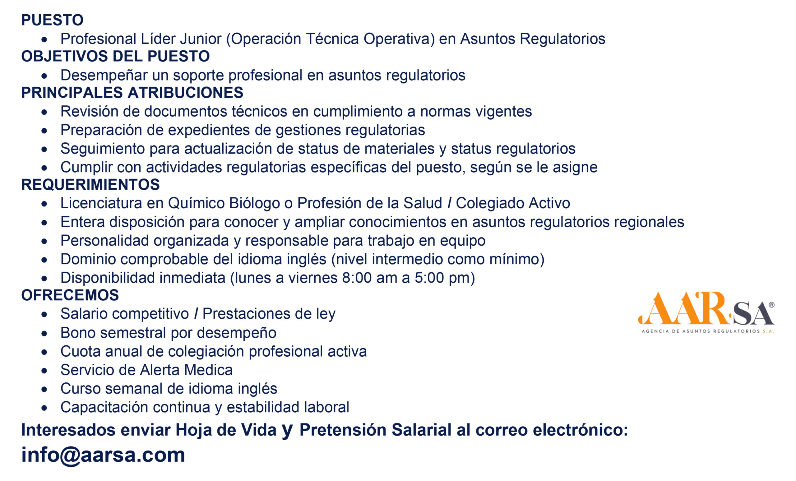 Oferta laboral para Químico (a) Biólogo (a) para Profesional Líder Junior (Operación Técnica Operativa) en Asuntos Regulatorios.