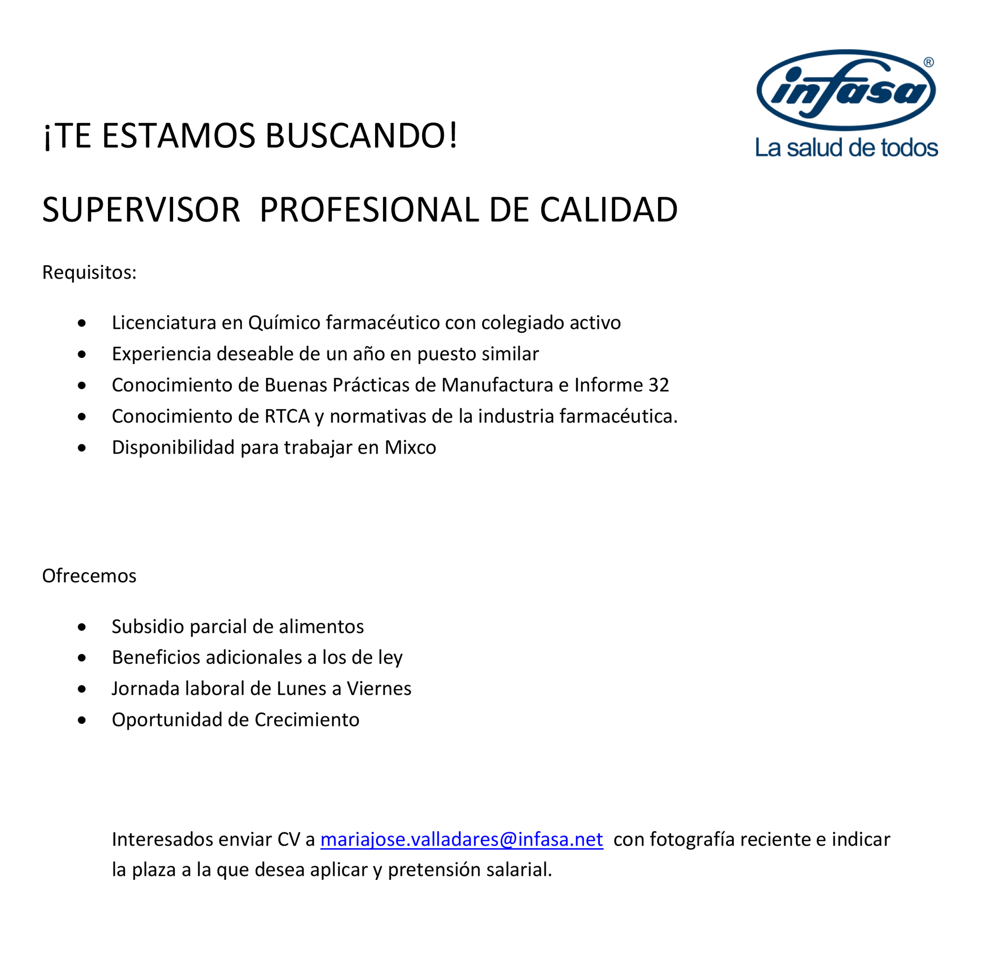 Oferta laboral para Químico (a) Farmacéutico (a) para Supervisor Profesional de Calidad