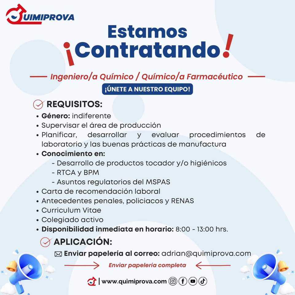 Químico (a) Farmacéutico (a) para Supervisor de Producción.