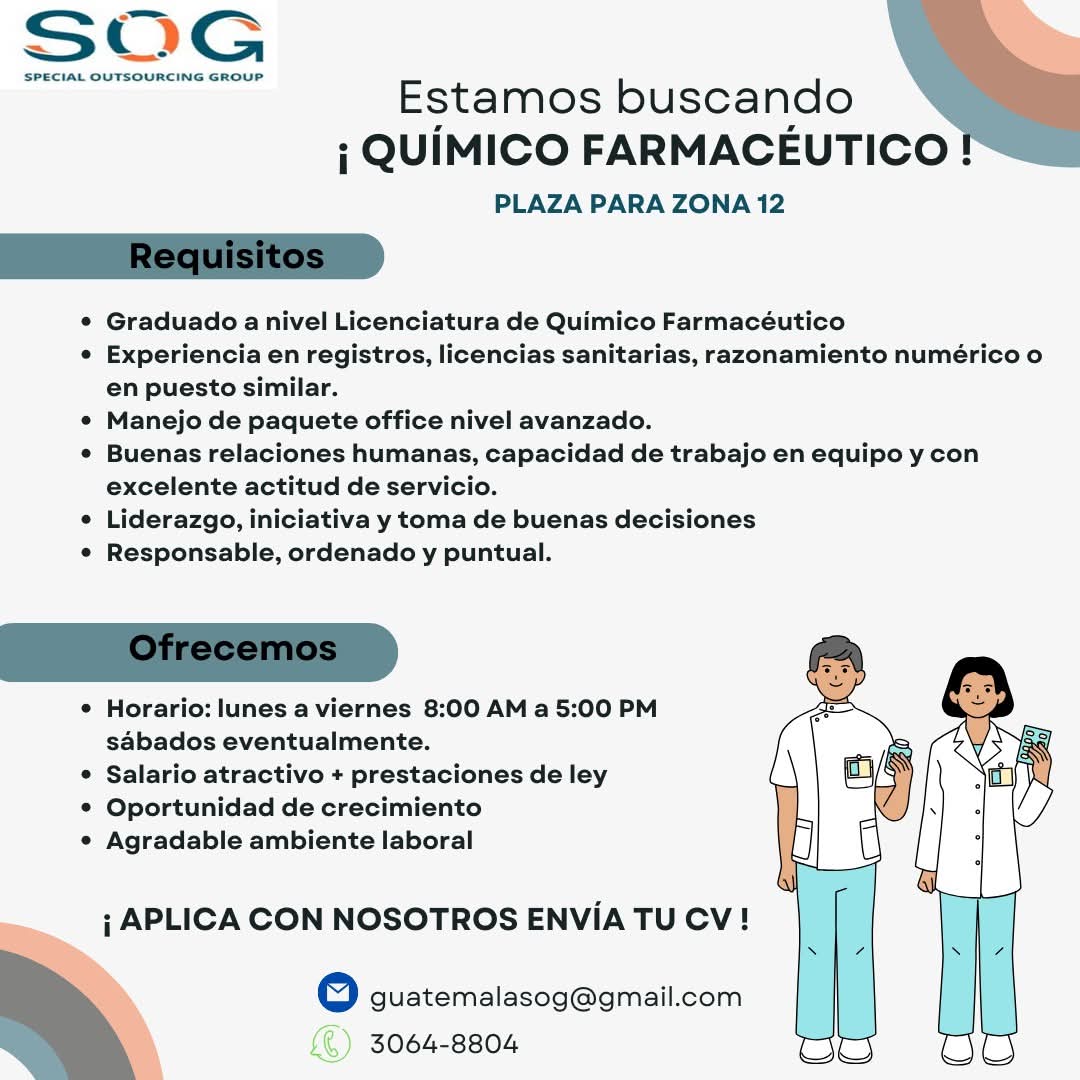 Oferta laboral para Químico (a) Farmacéutico (a)