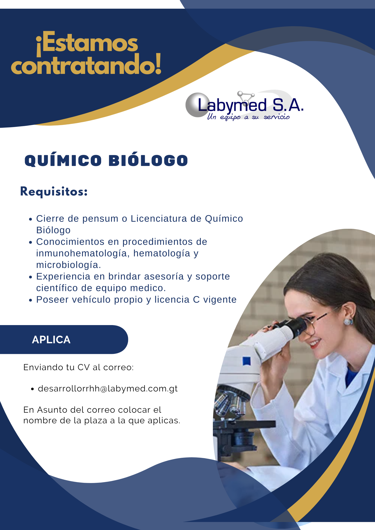 Oferta laboral para Químico (a) Biólogo (a) para Laboratorio Clínico