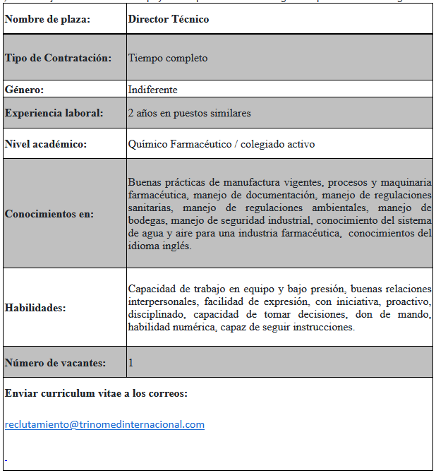 Oferta laboral para Químico (a) Farmacéutico (a) para Director Técnico