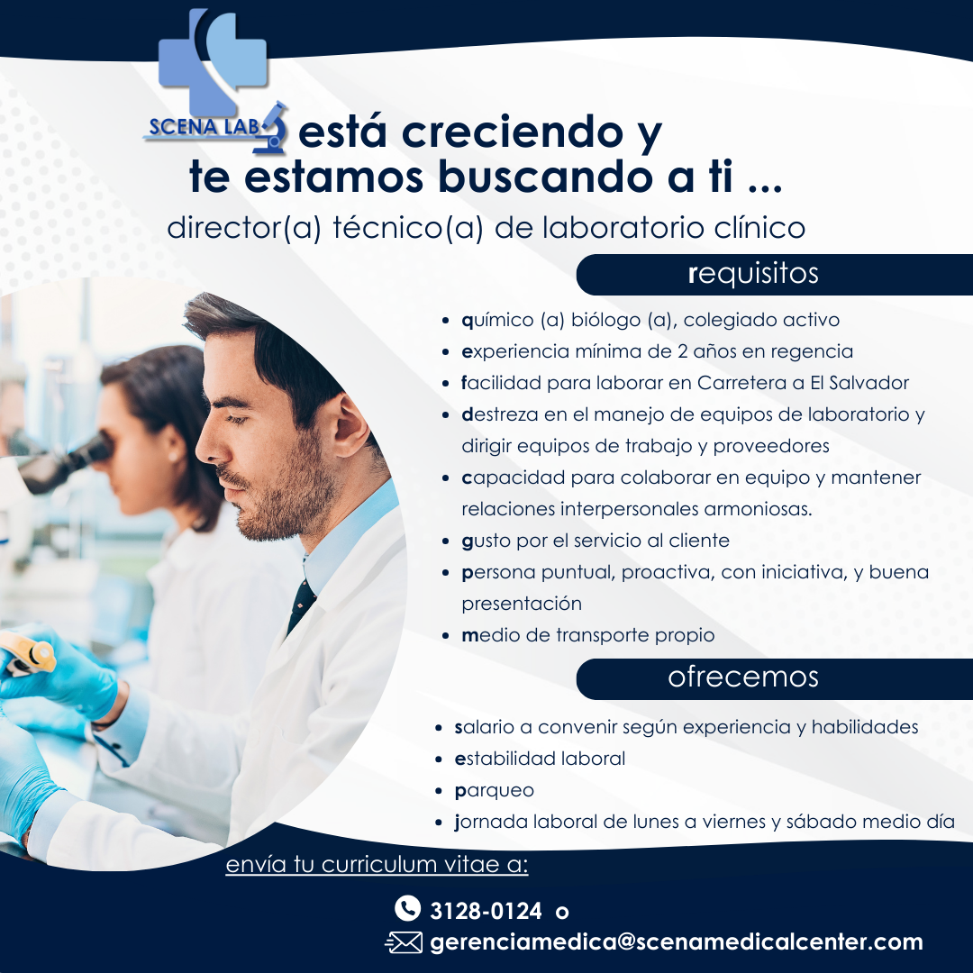 Oferta laboral para Químico (a) Biólogo (a) para dirección técnica de Laboratorio Clínico.