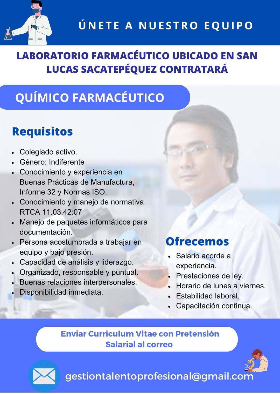 Oferta laboral para Químico (a) Farmacéutico (a) para laboratorio