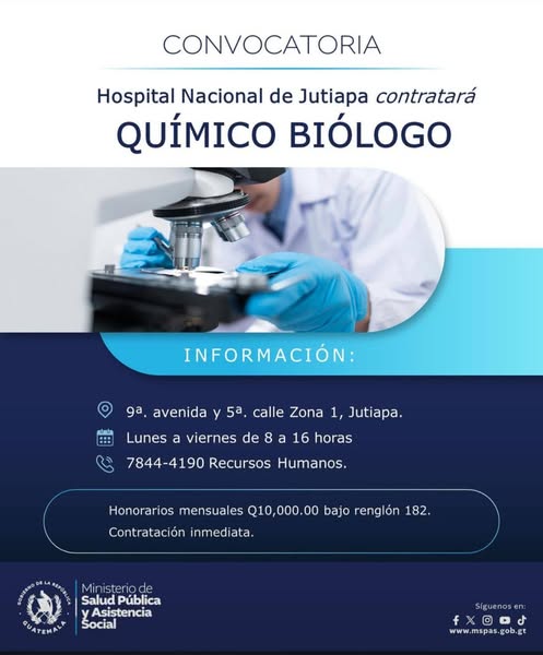 Oferta laboral para Químico (a) Biólogo (a) para el Hospital Nacional de Jutiapa