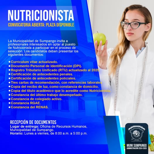 Oferta para Nutricionista en la Municipalidad de Sumpango, Sacatepéquez