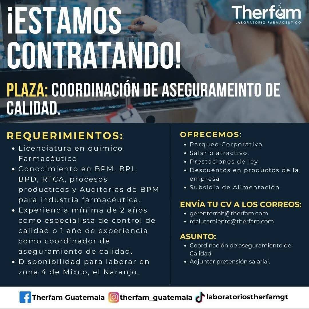 Oferta laboral para Químico (a) Farmacéutico (a) para coordinador de aseguramiento de calidad