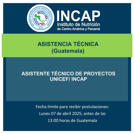 Oferta laboral para Nutricionista para asistente técnico de proyectos de UNICEF / INCAP