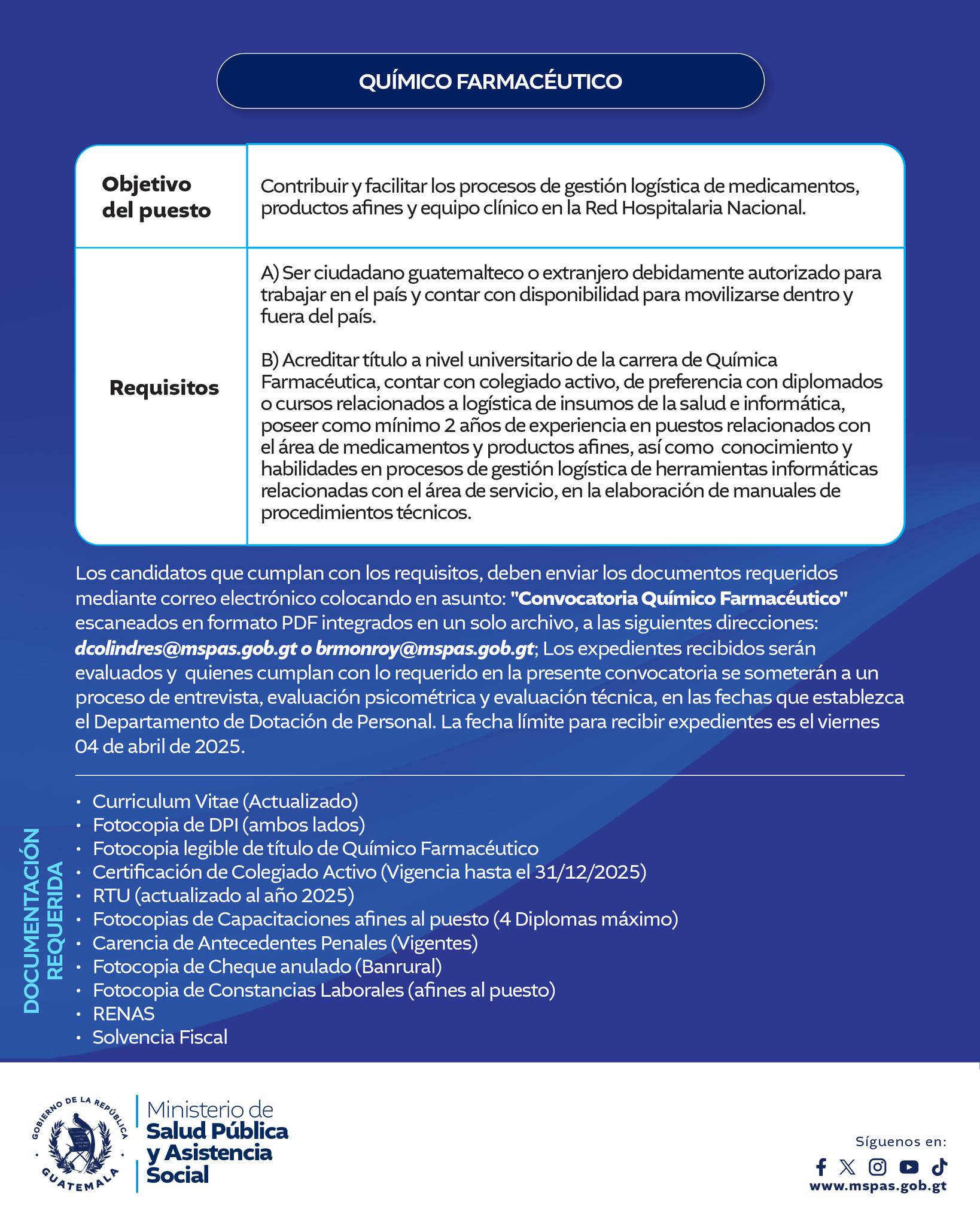 Oferta laboral para Químico (a) Farmacéutico (a) en el Ministerio de Salud Pública y Asistencia Social