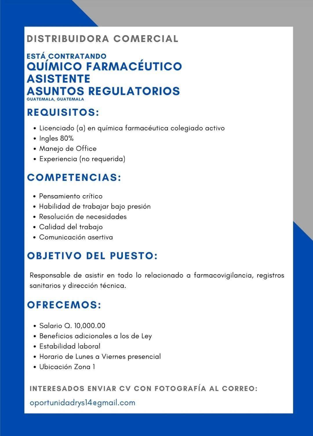 Oferta laboral para Químico (a) Farmacéutico (a) para asistente de asuntos regulatorios