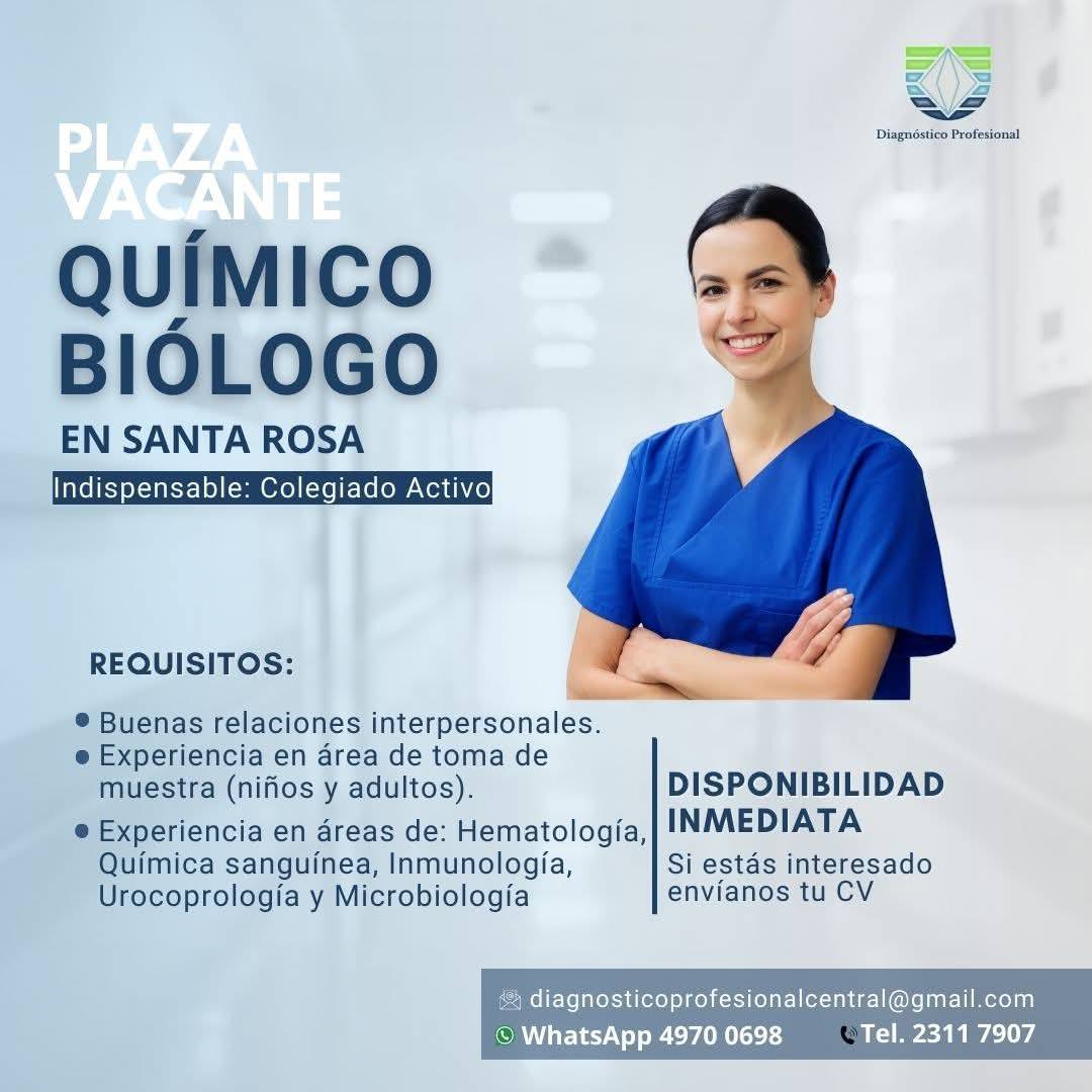 Oferta laboral para Químico (a) Biólogo (a) para laboratorio en Santa Rosa