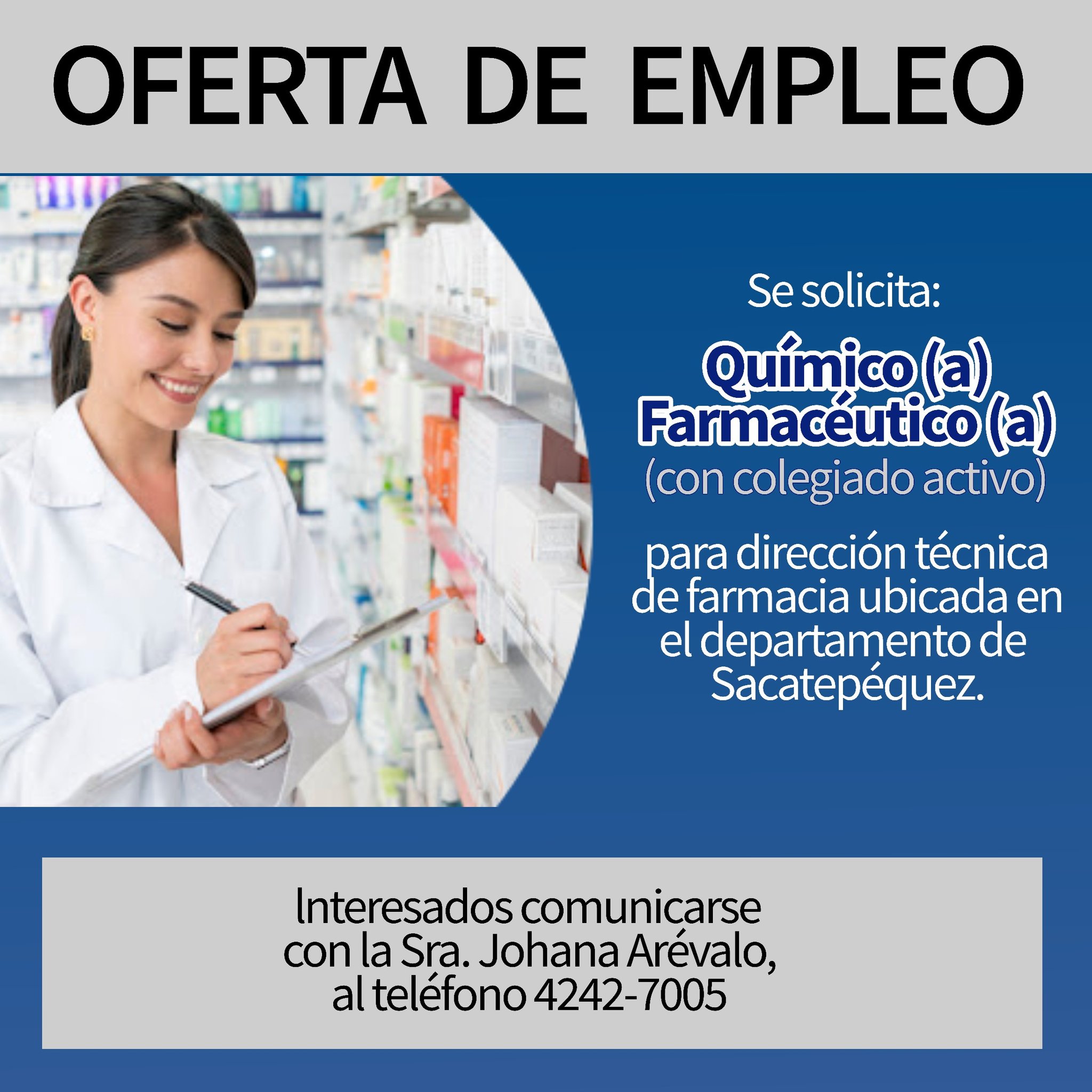 Oferta laboral para Químico (a) Farmacéutico (a) para dirección técnica de farmacia