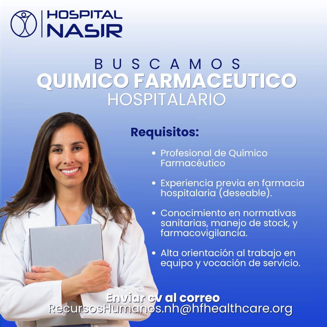 Oferta laboral para Químico (a) Farmacéutico (a) para centro hospitalario