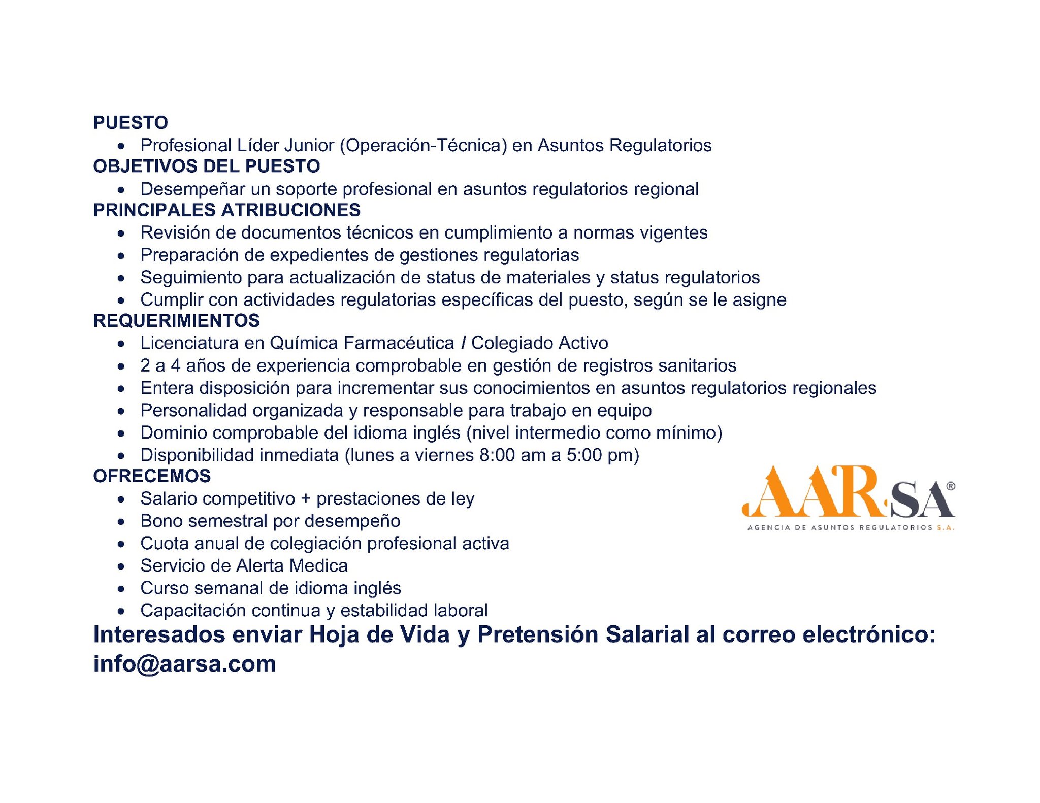 Oferta laboral para Químico (a) Farmacéutico (a) para asuntos regulatorios