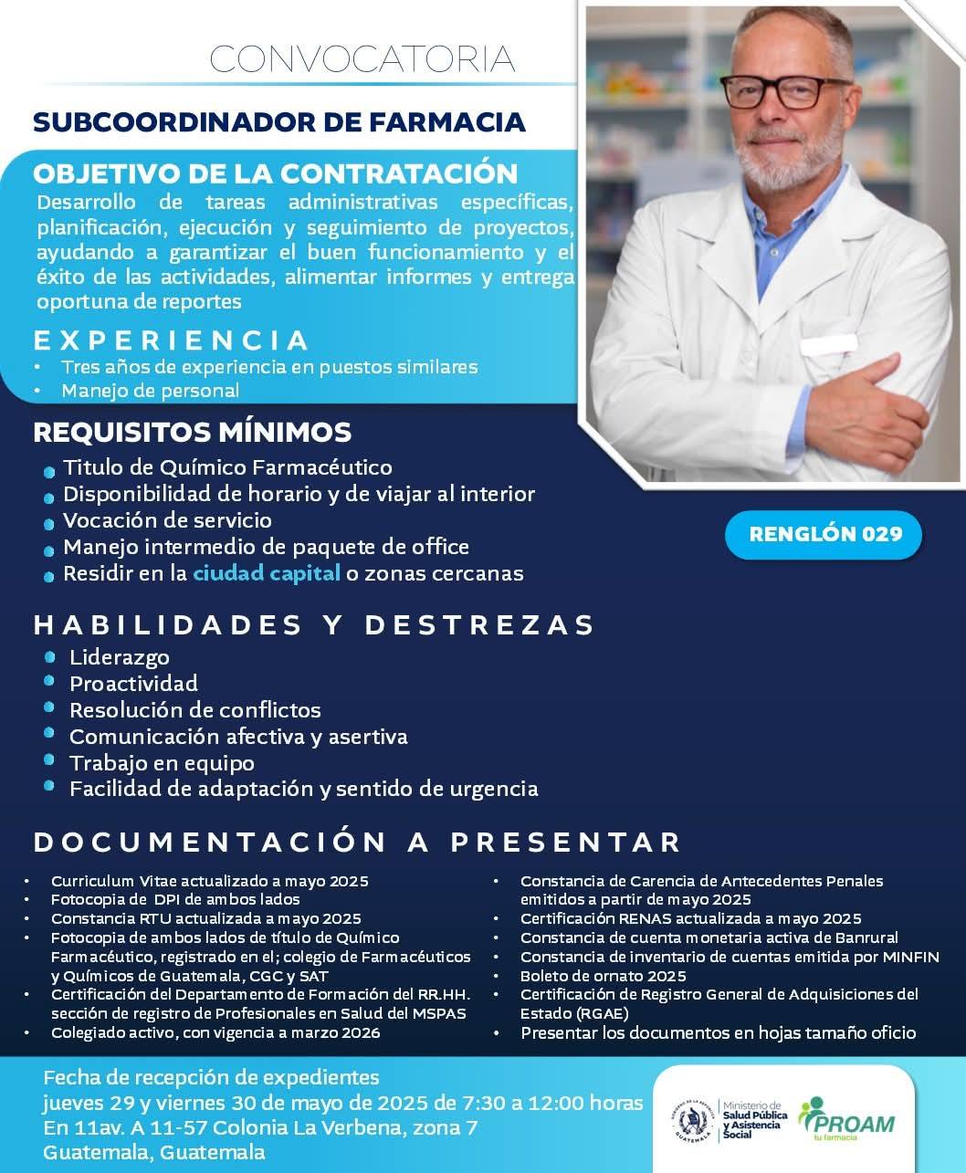 Oferta laboral para Químico (a) Farmacéutico (a) para subcoordinador de farmacia.