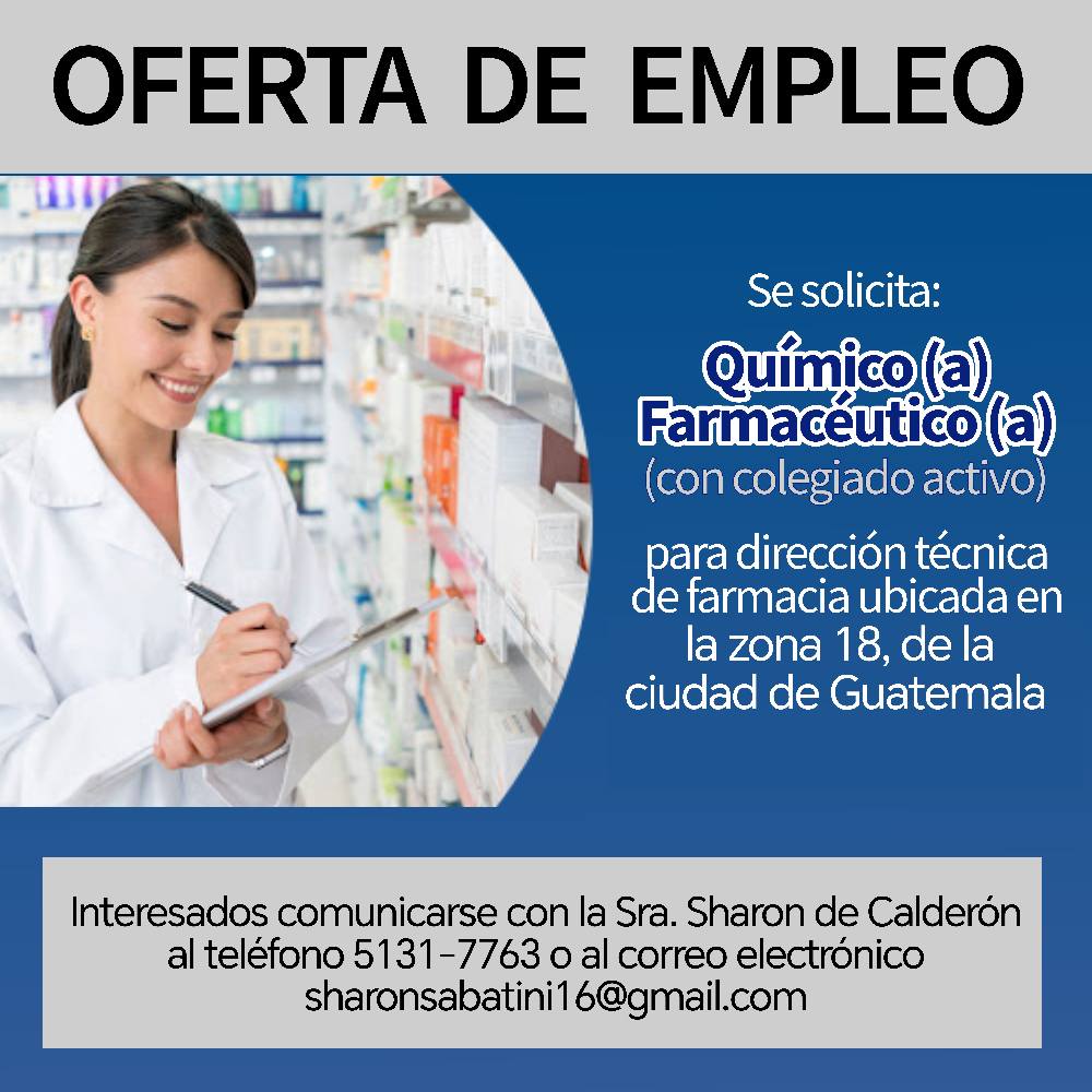 Oferta laboral para Químico (a) Farmacéutico (a) para dirección técnica de farmacia