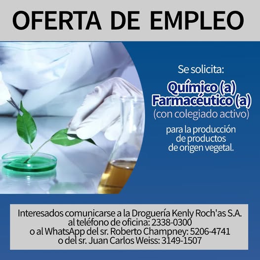 Oferta laboral para Químico (a) Farmacéutico (a) para producción de productos vegetales