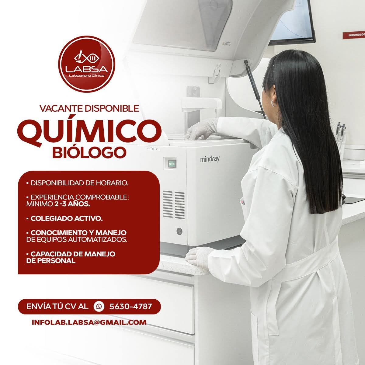 Oferta laboral para Químico (a) Biólogo (a) para laboratorio clínico