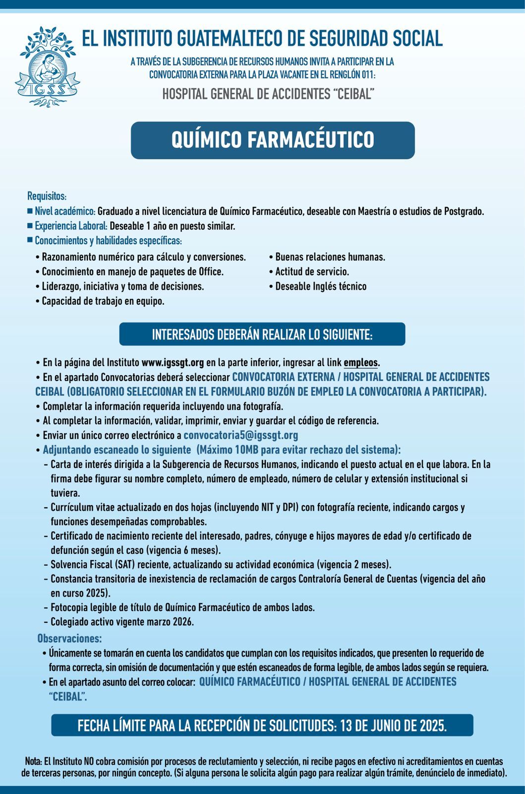 Oferta para Químico (a) Farmacéutico (a) colegiado activo para el Hospital de Accidentes del IGSS «Ceibal»