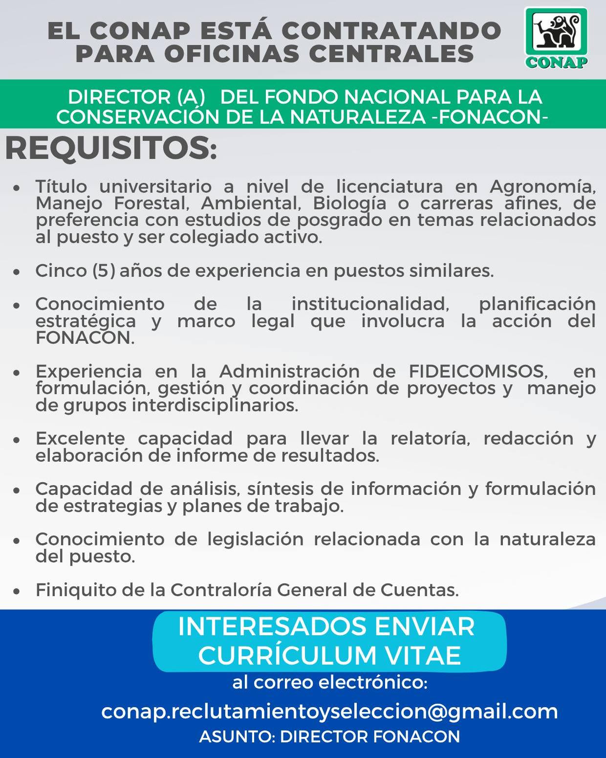 Oferta laboral par Biólogo (a) para Director (a) del Fondo Nacional para la Conservación de la Naturaleza