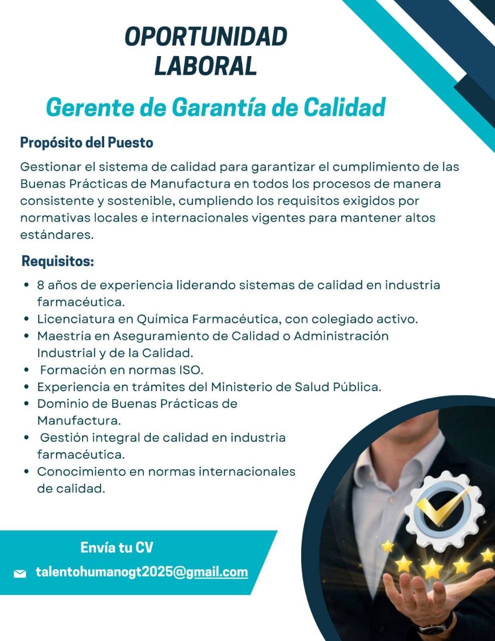 Oferta laboral para Químico (a) Farmacéutico (a) para Gerente de Garantía de Calidad