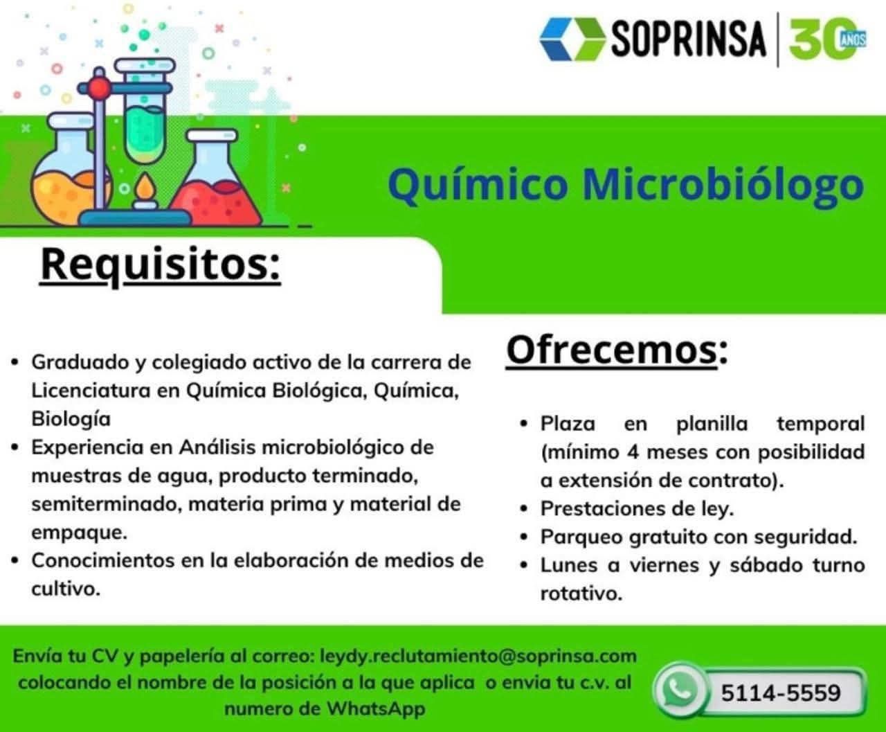 Oferta laboral para Químico Microbiólogo