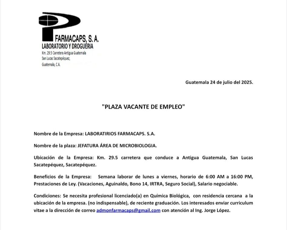 Oferta laboral para Químico (a) Biólogo (a)