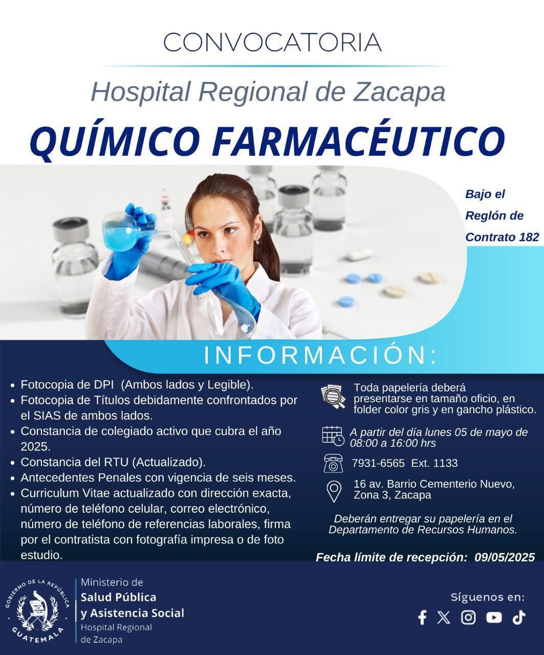 Oferta laboral para Químico (a) Farmacéutico (a) para el Hospital Nacional de Zacapa