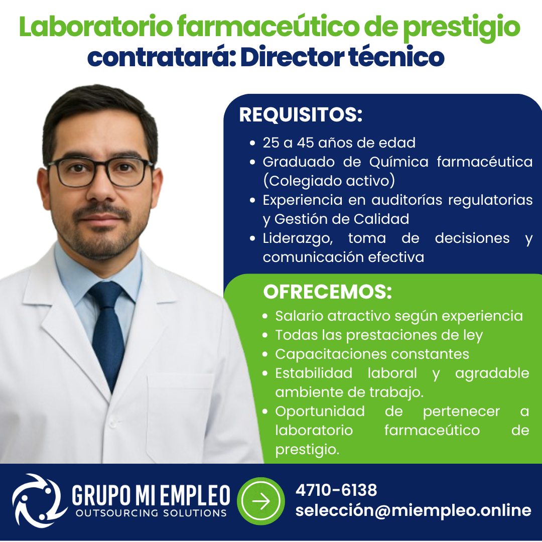Oferta laboral para Químico (a) Farmacéutico (a) para Dirección Técnica de Laboratorio