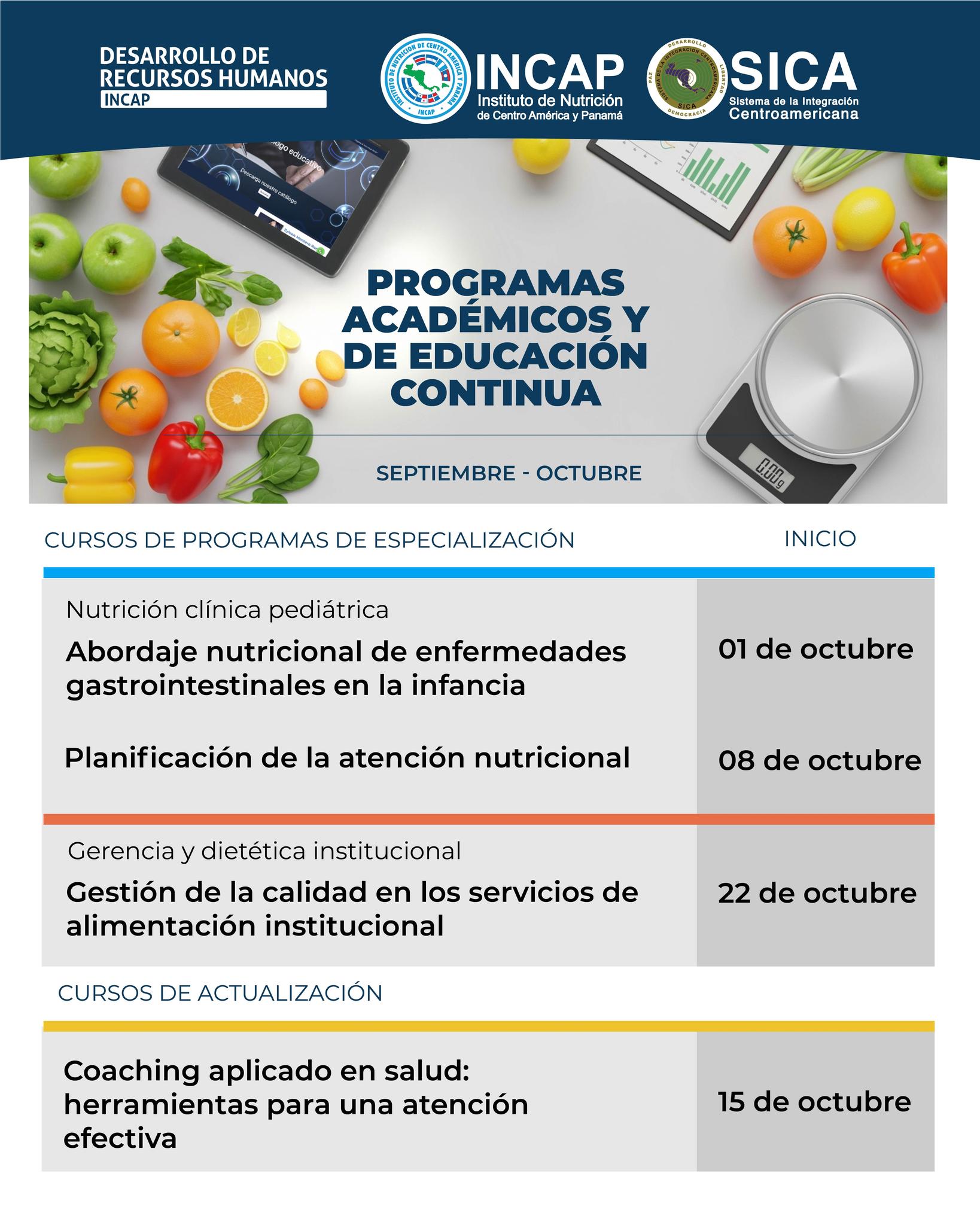 Cursos del INCAP: nutrición clínica pediátrica, gerencia y dietética institucional y coaching aplicado en salud