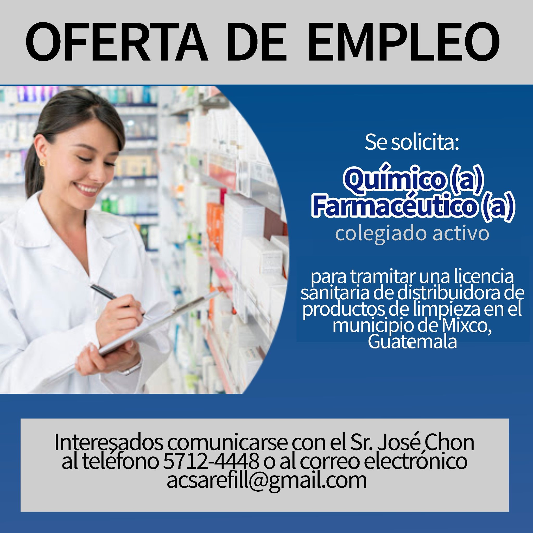 Oferta laboral para Químico (a) Farmacéutico (a) para distribuidora de productos de limpieza