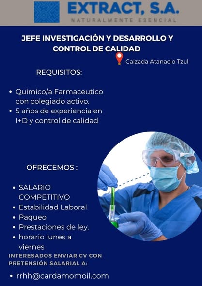 Oferta laboral para Químico (a) Farmacéutico (a) para jefe de investigación y desarrollo y control de calidad