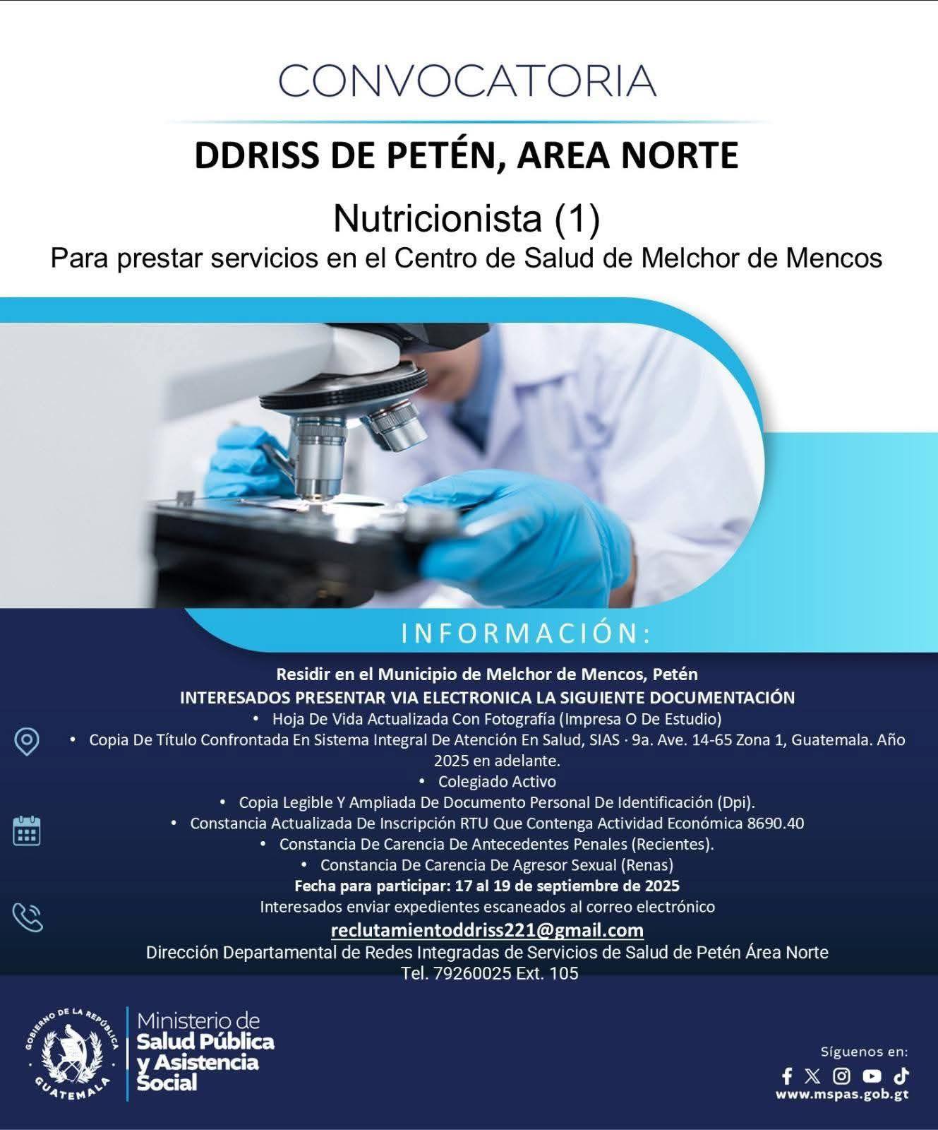 Oferta laboral para Nutricionista para el Centro de Salud de Melchor de Mencos, Petén