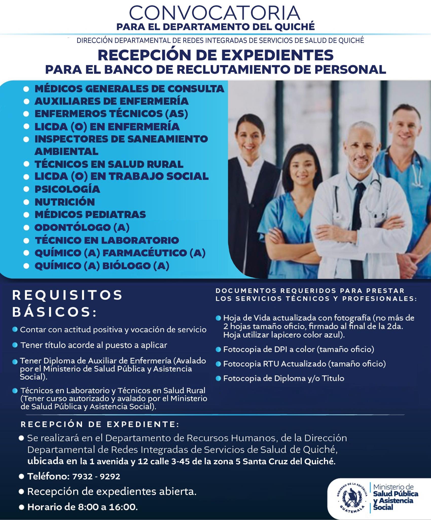 Oferta laboral para Químico (a) Farmacéutico (a), Químico (a) Biólogo (a) y Nutricionista para la Red Integrada de Servicios de Salud de Quiché