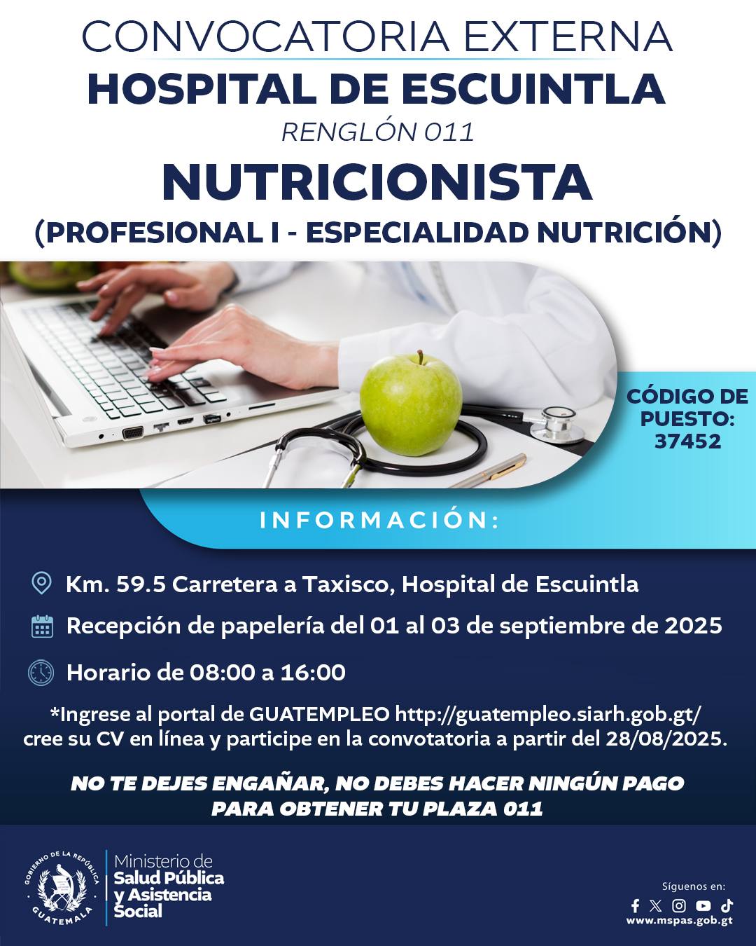 Oferta laboral para Nutricionista para el Hopsital Nacional de Escuintla