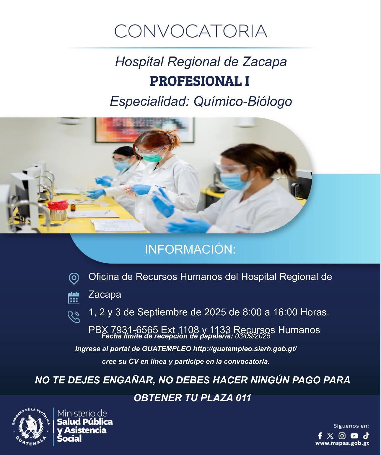 Oferta laboral para Químico (a) Biólogo (a) para el Hospital Regional de Zacapa