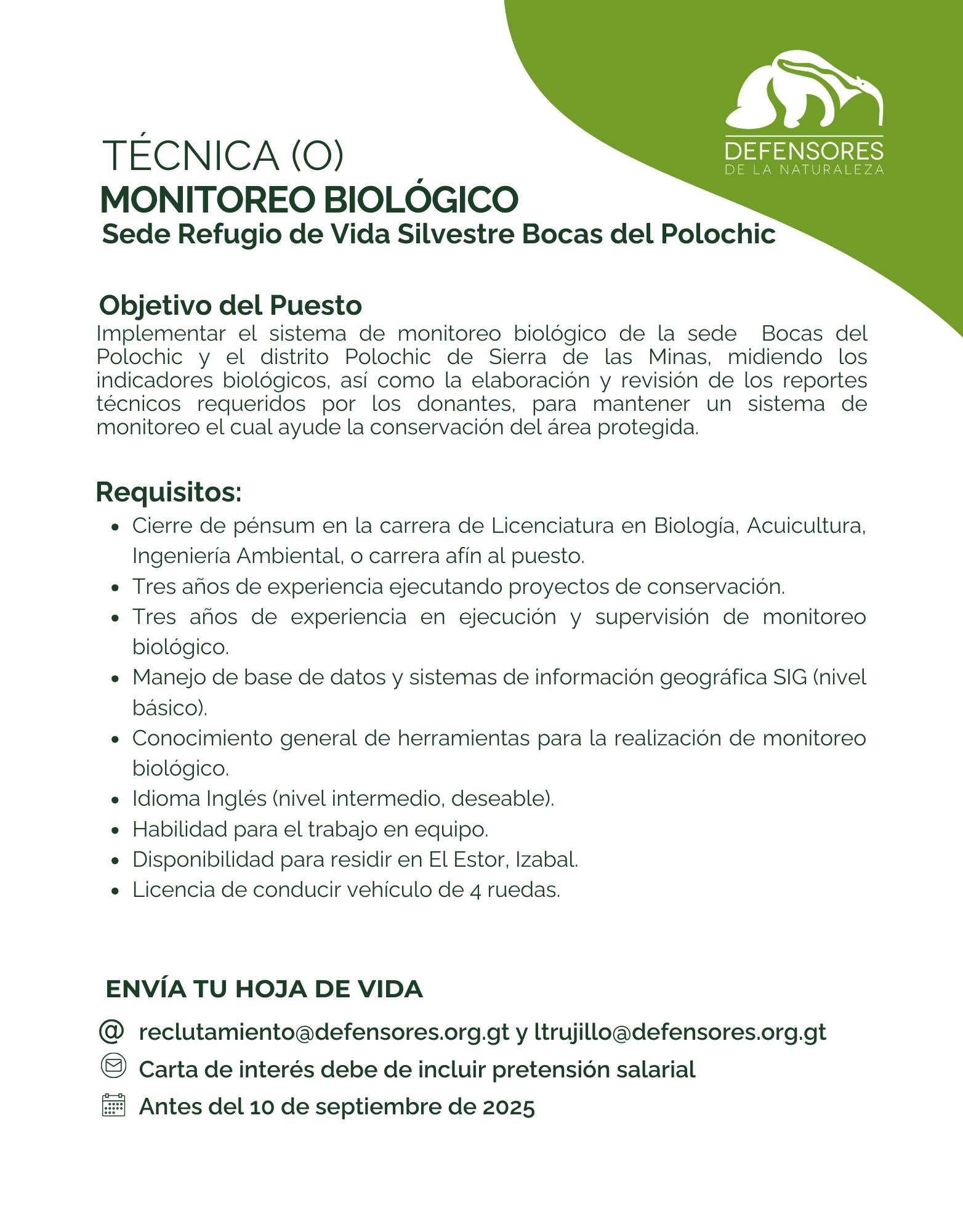 Oferta laboral para Biólogo (a) para Monitoreo Biológico