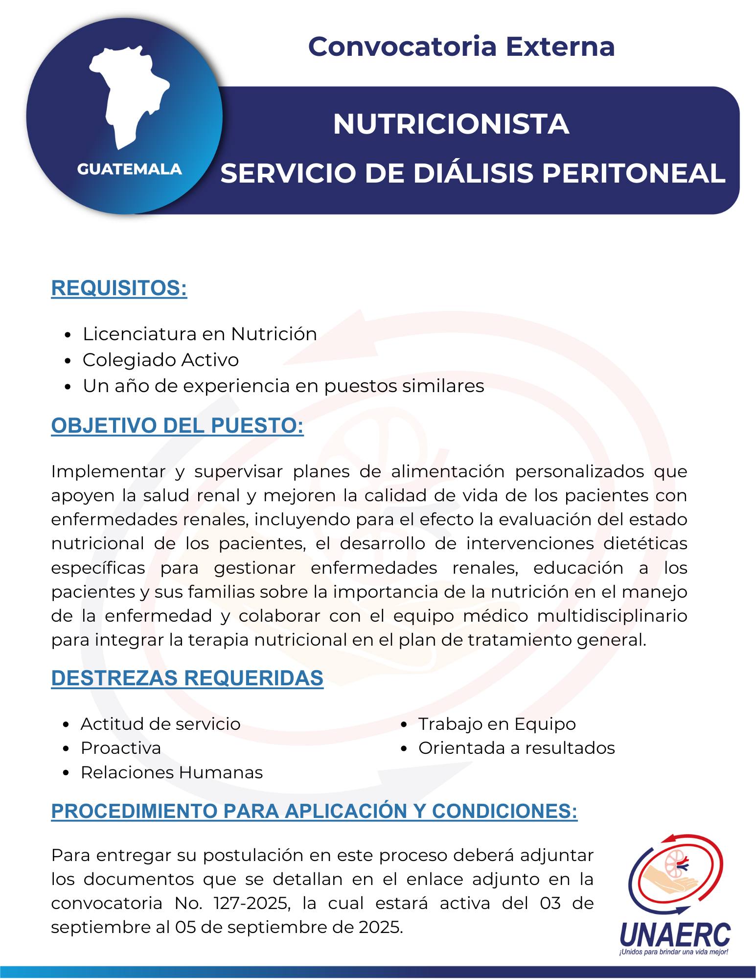 Oferta laboral para Nutricionista colegiada (o) para UNAERC