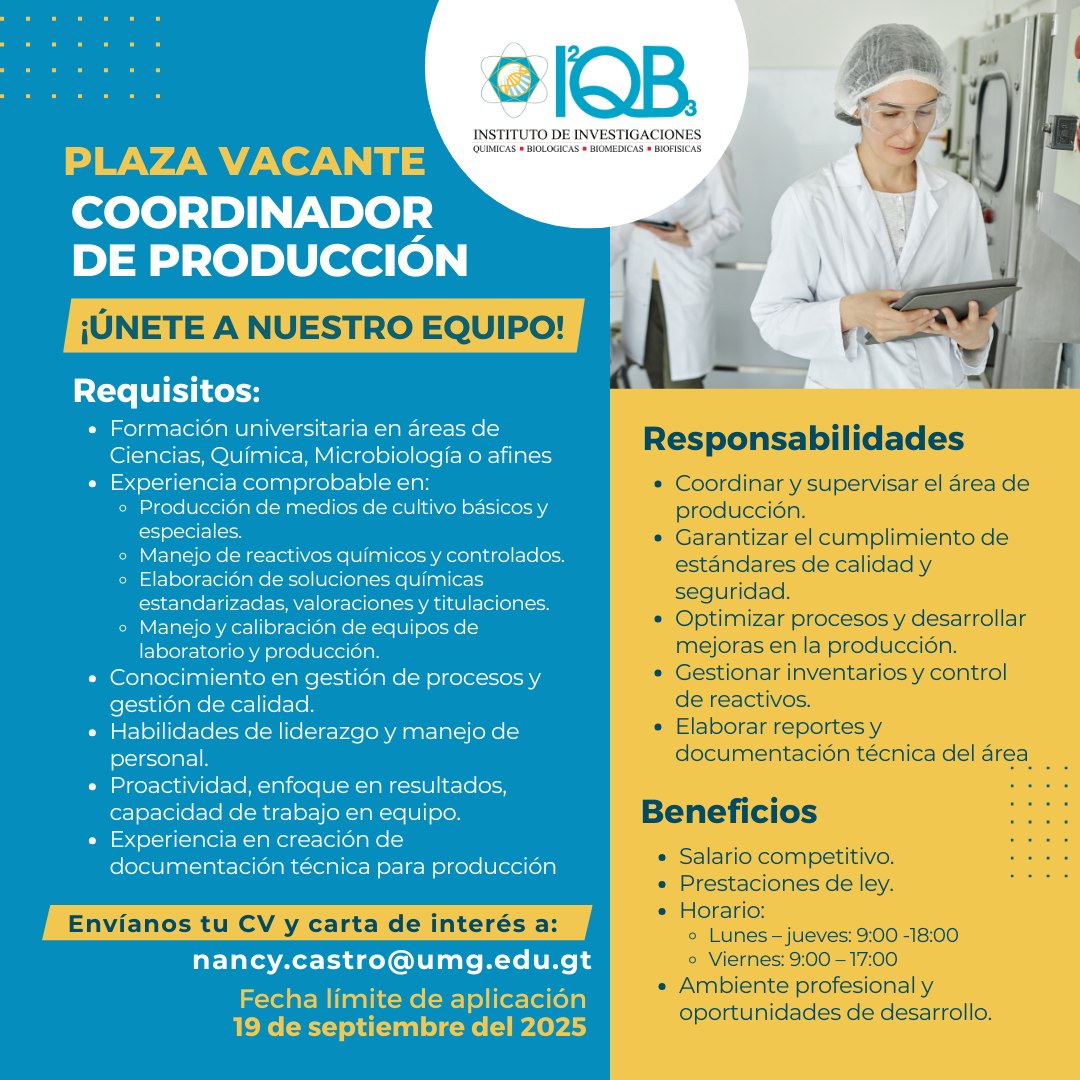 Oferta laboral para Químico (a) o Microbiólogo (a) para Coordinador de Producción