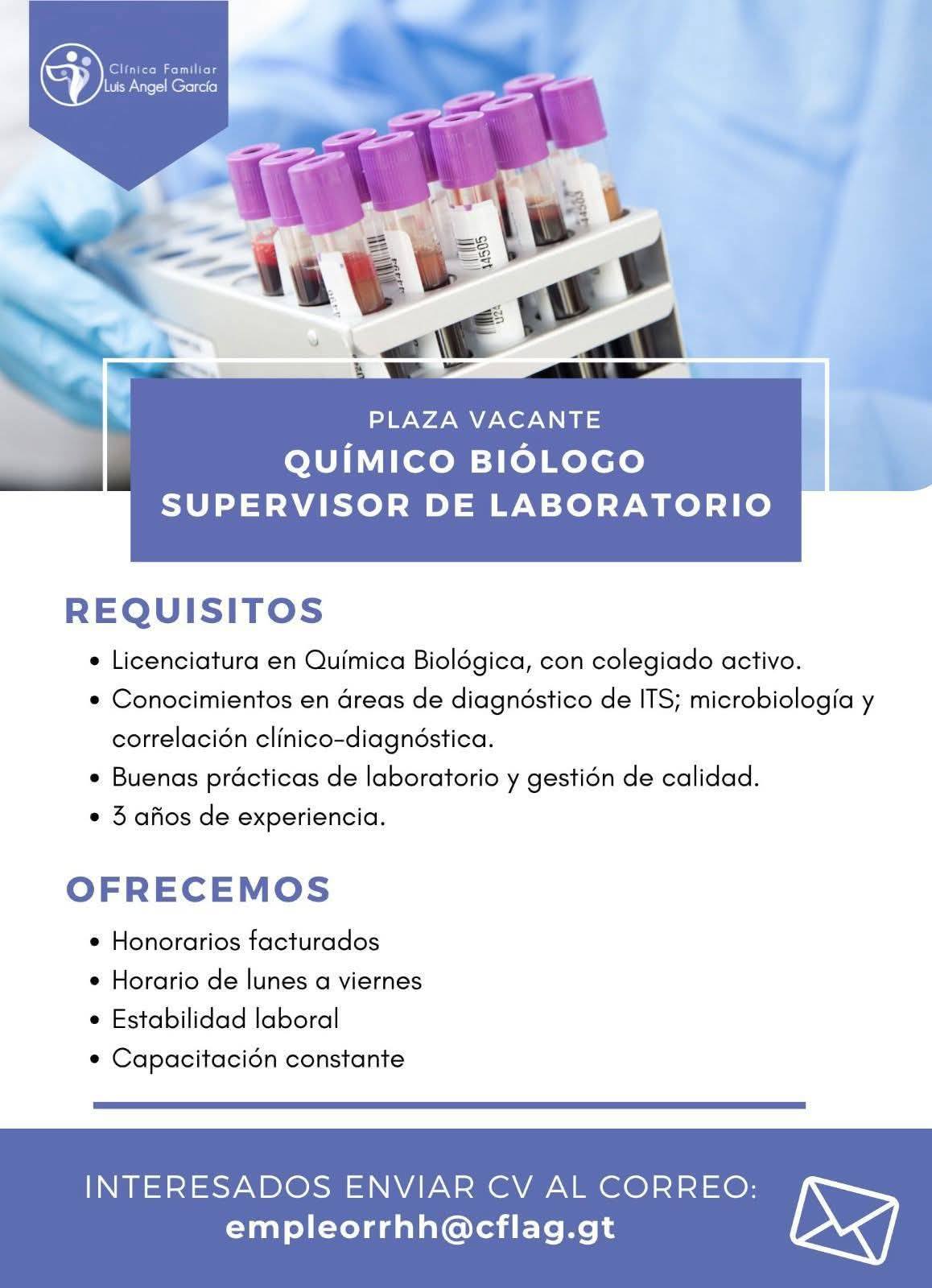 Oferta laboral para Químico (a) Biólogo (a) para supervisor de laboratorio
