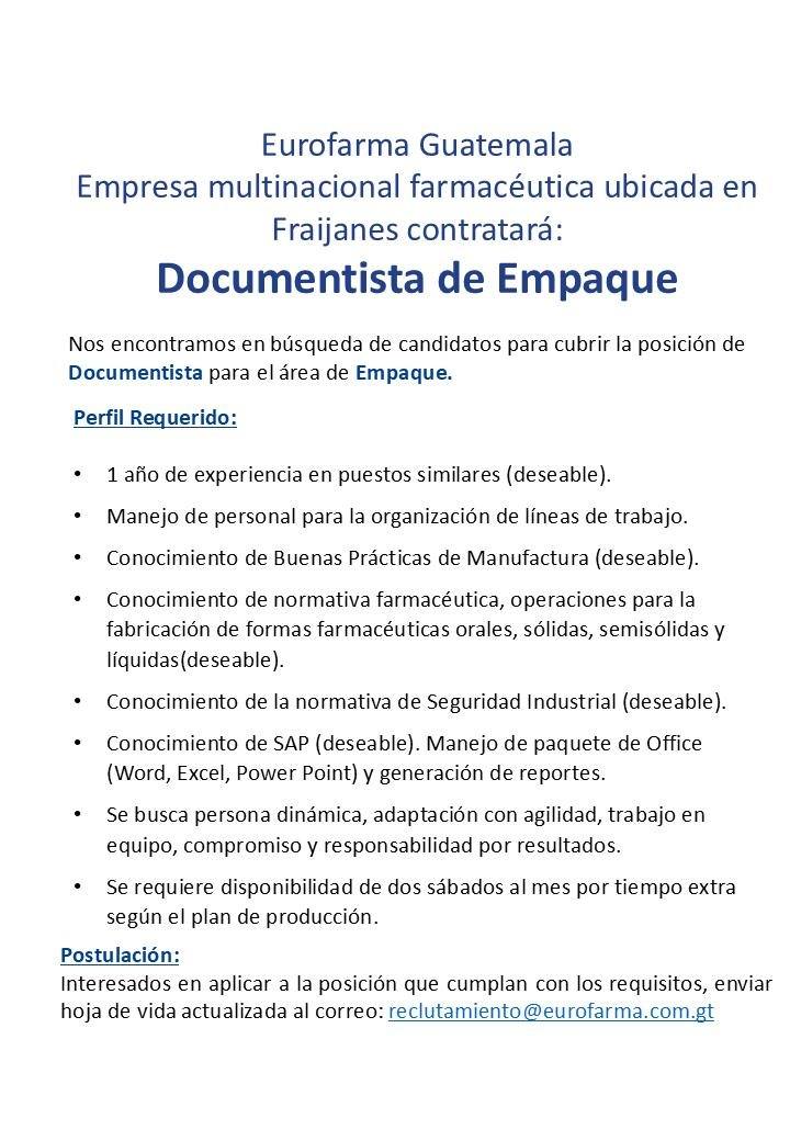 Oferta laboral para Químico (a) Farmacéutico (a) para documentista de empaque