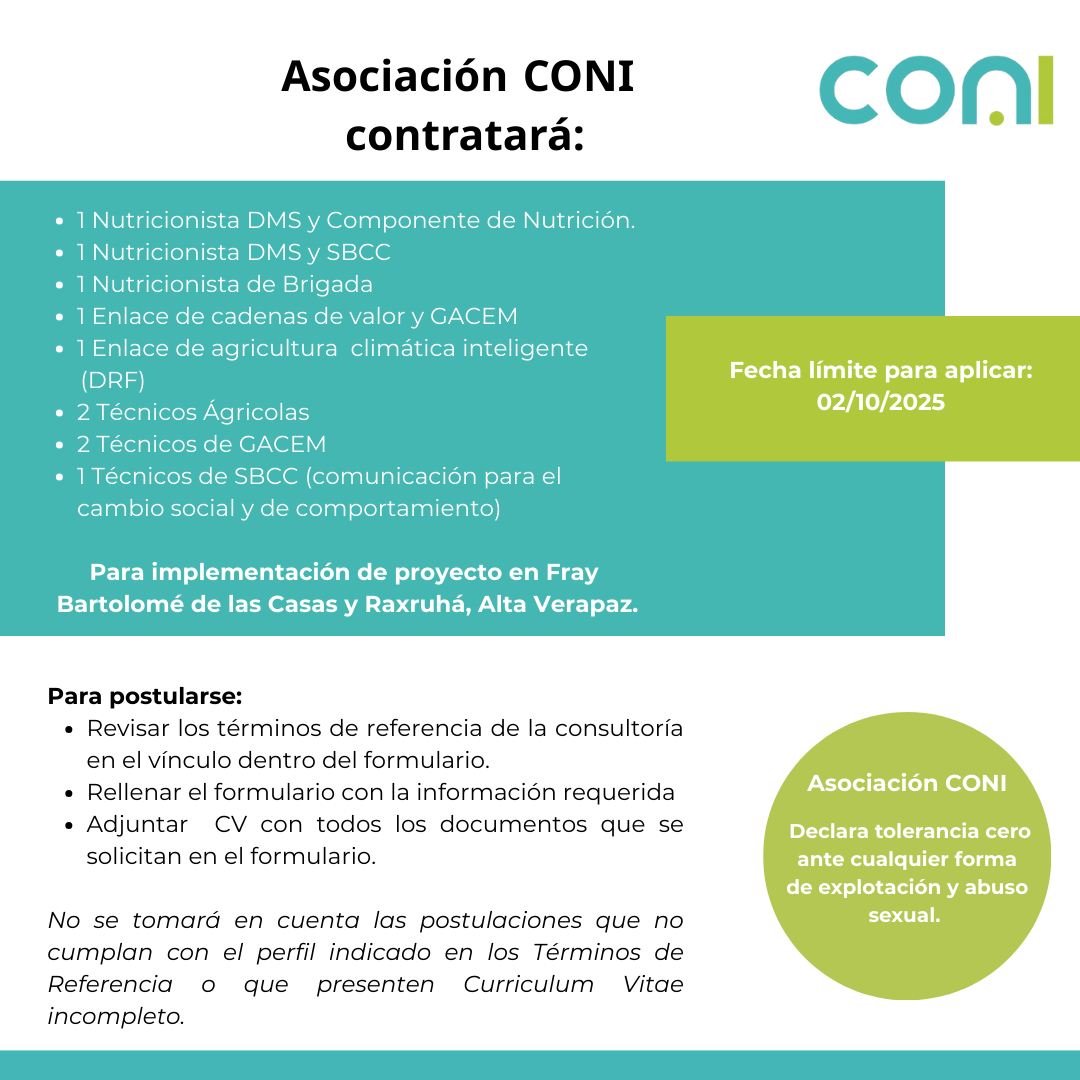 Oferta laboral para Nutricionistas para proyecto en Alta Verapaz