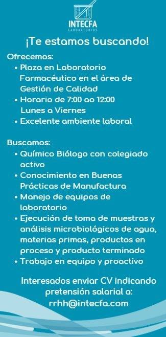 Oferta laboral para Químico (a) Biólogo (a)