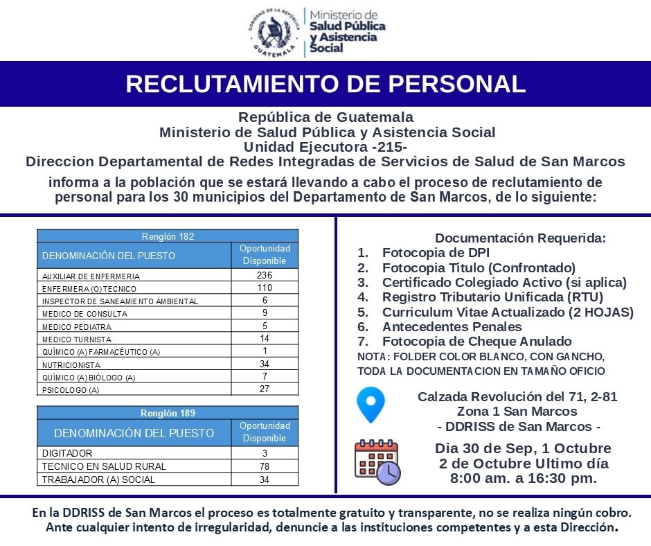 Oferta laboral para Nutricionistas, Químicos Farmacéuticos y Químicos Biólogos para San Marcos