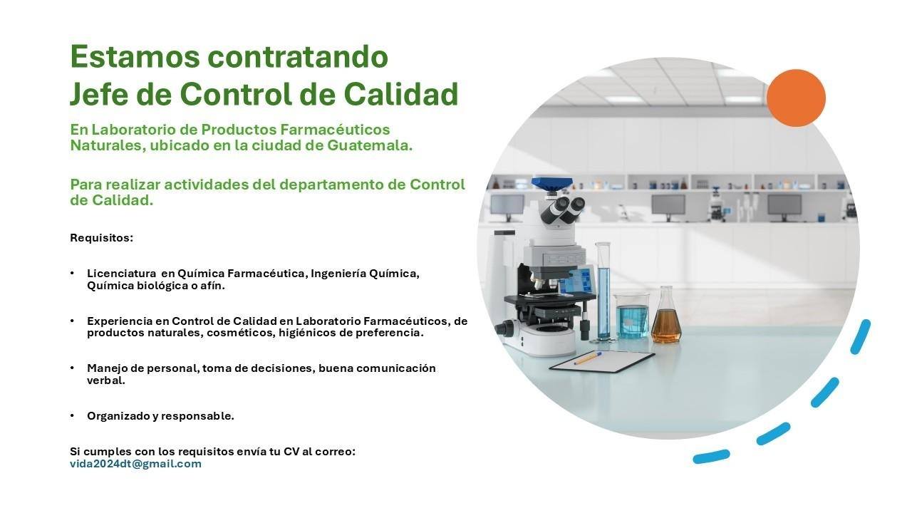 Oferta laboral para Químico (a) Farmacéutico (a) o Químico (a) Biólogo (a) para jefe de control de calidad