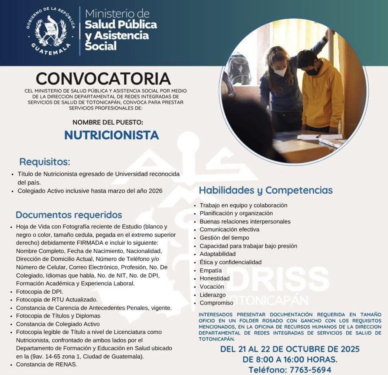 Oferta laboral para Nutricionista para la Dirección Departamental de Redes Integradas de Servicios de Salud de Totonicapán,