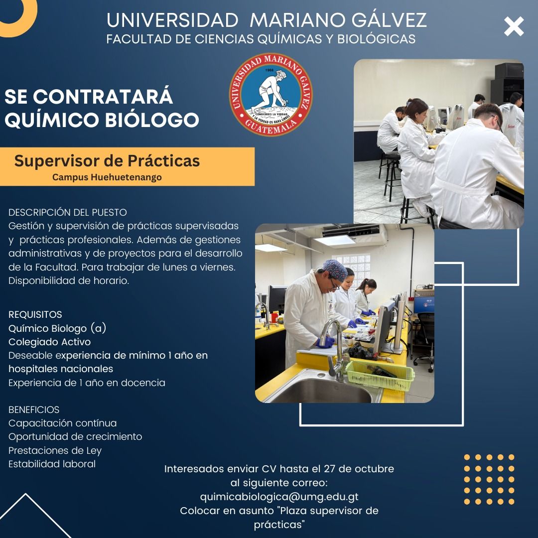 Oferta laboral para Químico (a) Biólogo (a) para la Universidad Mariano Gálvez